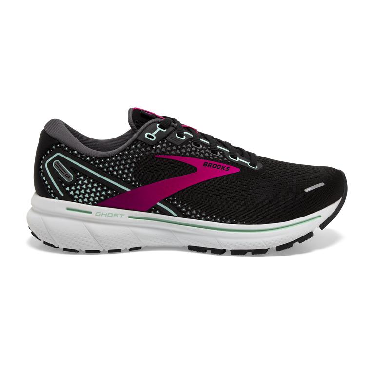 Brooks Ghost 14 Cushioned Road Running Shoes - Women's - Black/Pink/Yucca/PaleTurquoise (84310-QNKZ)